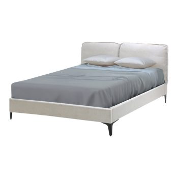 Cama Luton en color gris, tamaño queen, vista en ángulo con colchón y ropa de cama