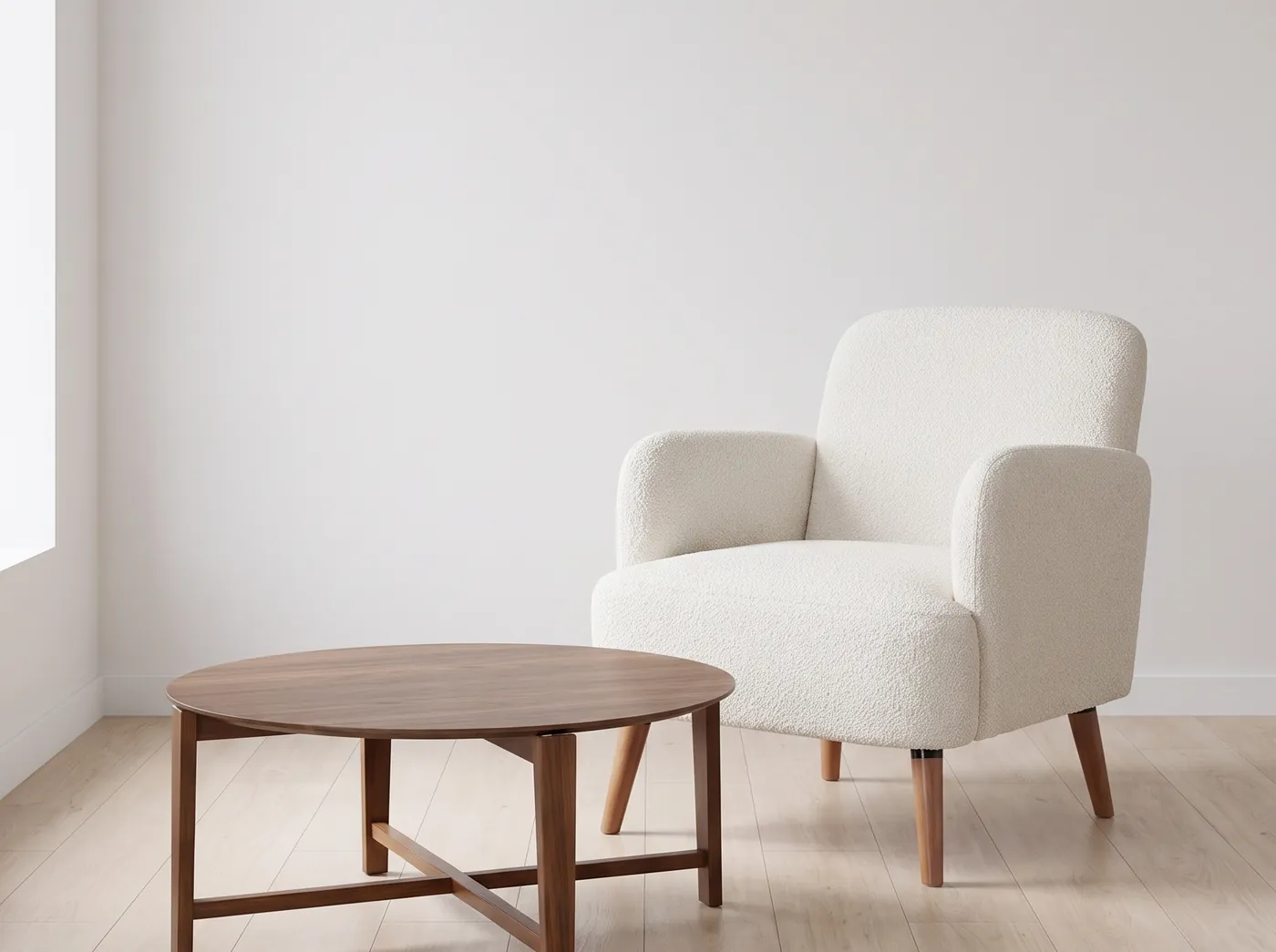 Sillón Terni blanco con la Mesa de Centro Circular Palu de nogal en una sala blanca