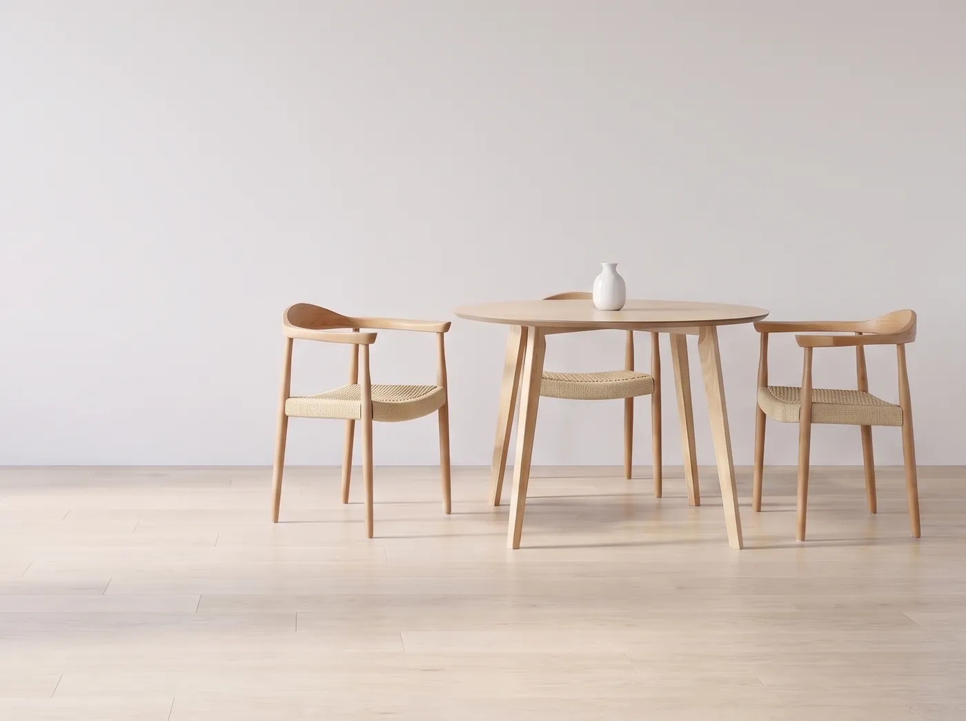 Mesa de Comedor Circular Madeira de roble con tres Sillas Guiza de madera natural