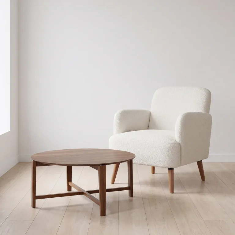 Sillón Terni blanco con la Mesa de Centro Circular Palu de nogal