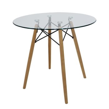 Mesa de comedor circular Oslo con patas color natural, vista en ángulo